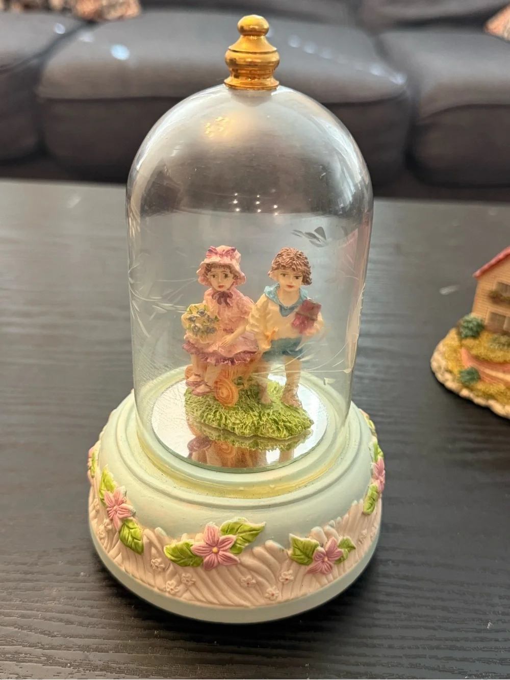 Glass Dome Cloche Couple Figurine Painted Floral Base Multicolor Romantic